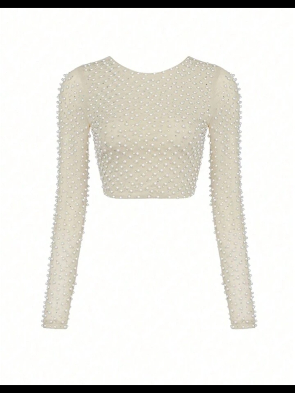 Pearl-Embellished Long Sleeve Crop Top in Cream